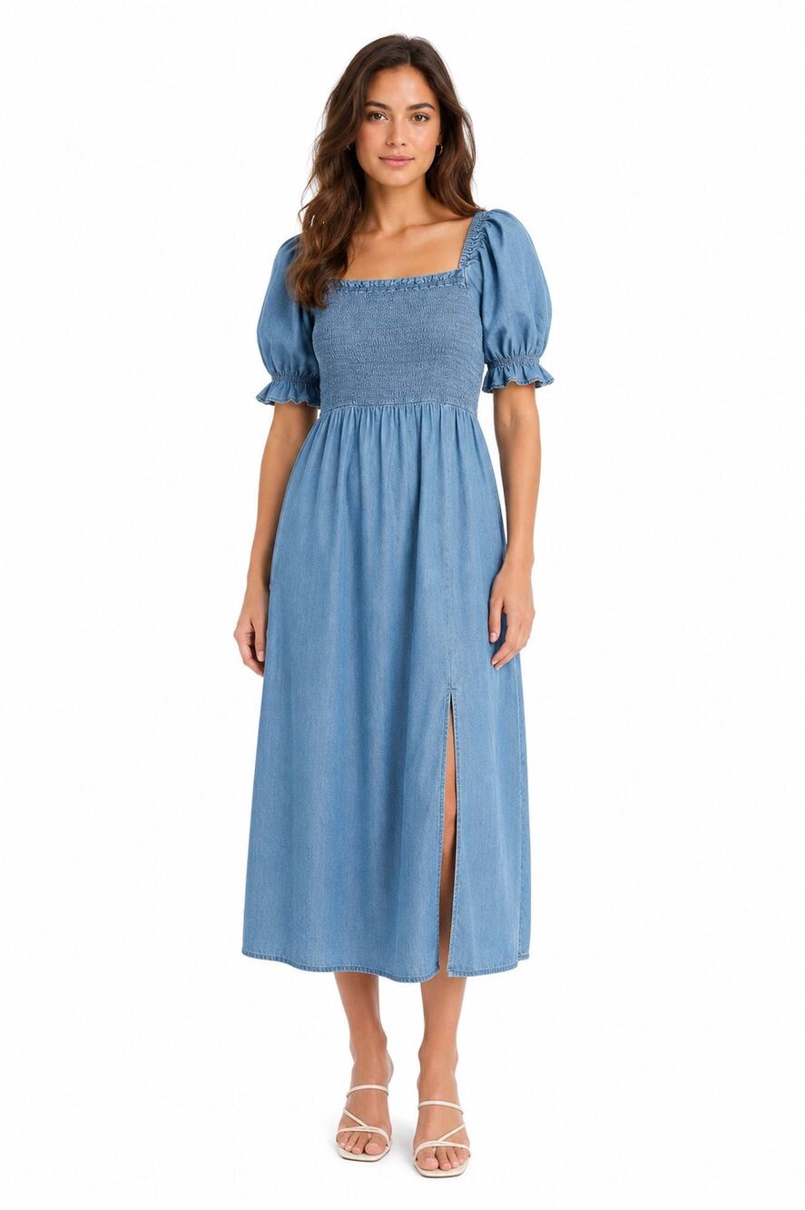 Gap Chambray Smocked Puff Sleeve Midi Dress XS NWT Light Wash Denim